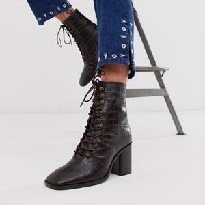 Square toe lace up boots brown croc